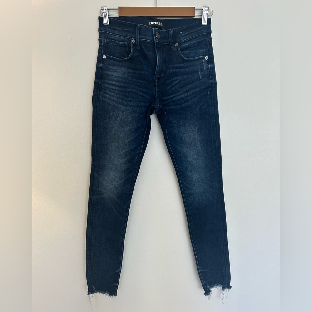 EXPRESS Mid Rise Dark Wash Raw Hem Skinny Jeans